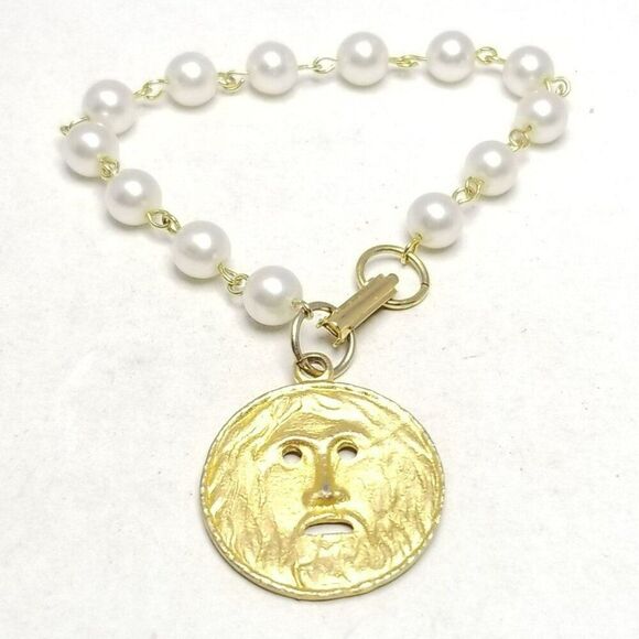Vintage Gold Tone Face Charm Faux Pearl Beaded Bracelet, Round Disc, Retro - Picture 1 of 6